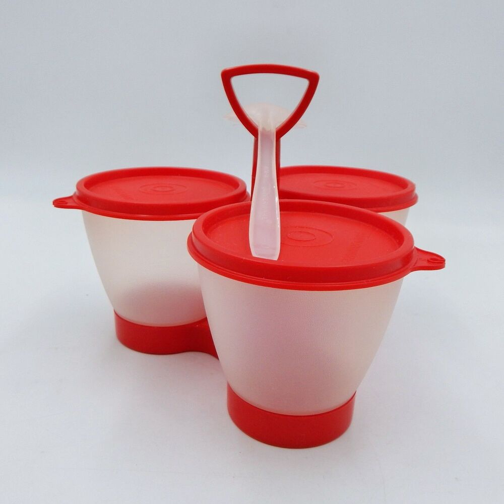 Vintage Tupperware 3 Cup Condiment Caddy Sheer 758 733 Red Lids Spoon